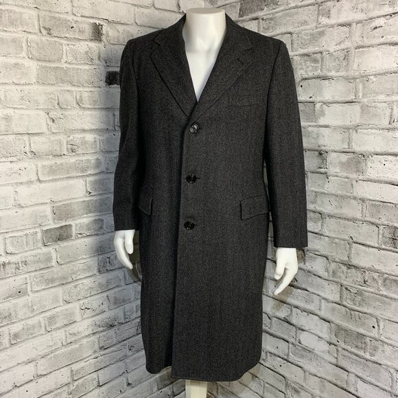 Vintage 90s Union Label Charcoal Herringbone Wool Tweed Overcoat Long Pea Coat - Picture 1 of 16